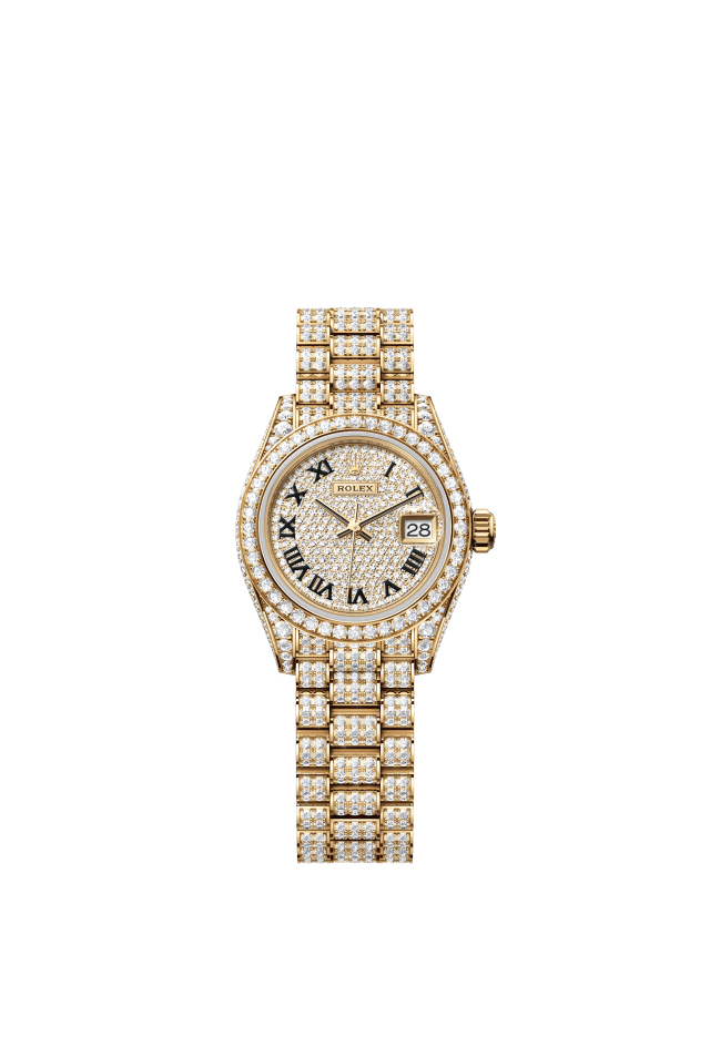 Rolex Lady-Datejust, Oyster, 28 mm, yellow gold and diamonds, diamond-paved dial