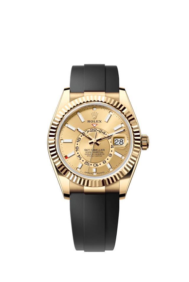 Rolex Sky-Dweller, Oyster, 42 mm, yellow gold, champagne-colour dial