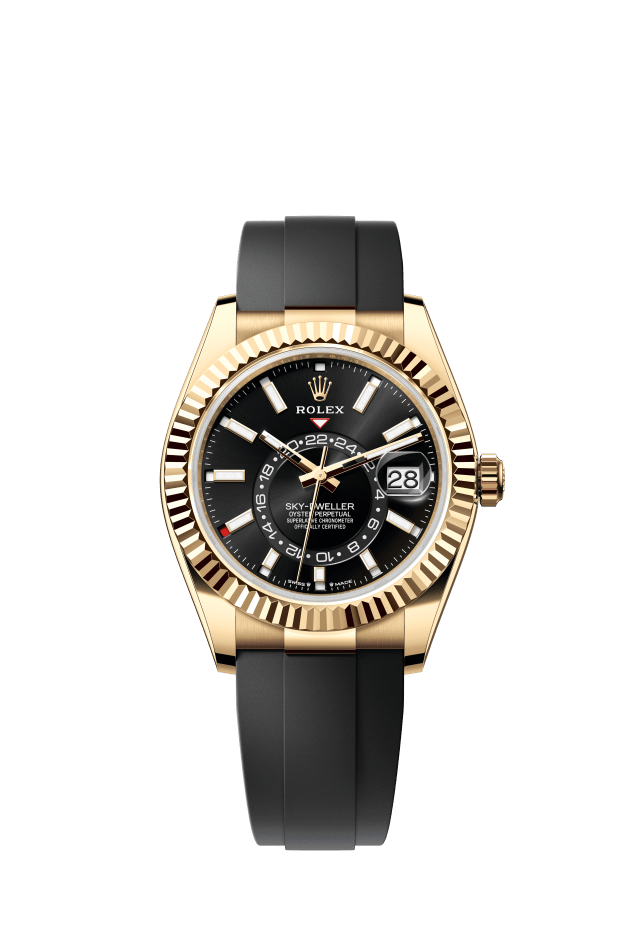 Rolex Sky-Dweller, Oyster, 42 mm, yellow gold, bright black dial