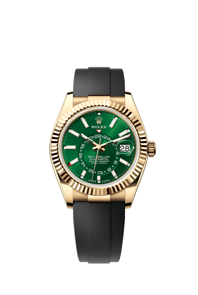 Rolex Sky-Dweller, Oyster, 42 mm, yellow gold, bright green dial
