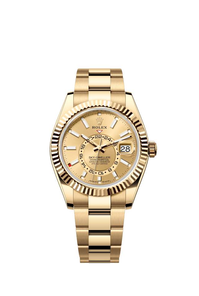 Rolex Sky-Dweller, Oyster, 42 mm, yellow gold, champagne-colour dial