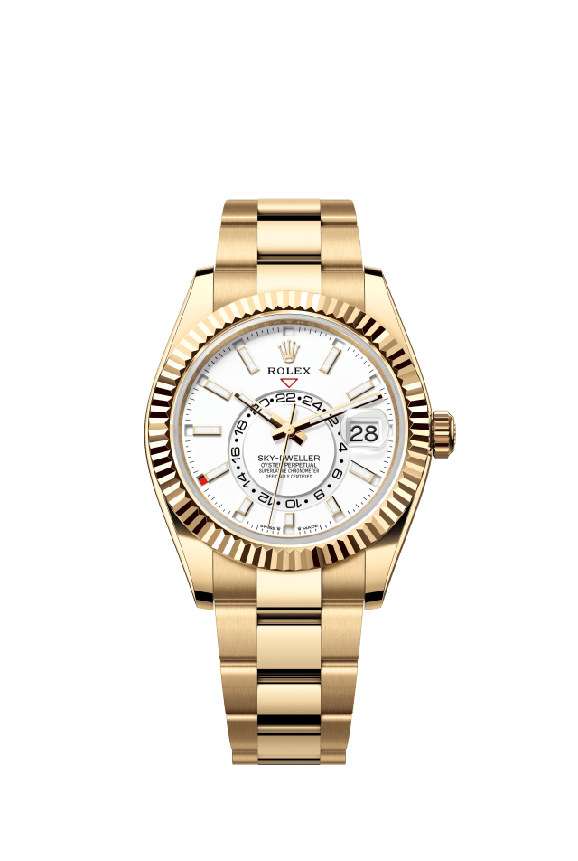 Rolex Sky-Dweller, Oyster, 42 mm, yellow gold, intense white dial