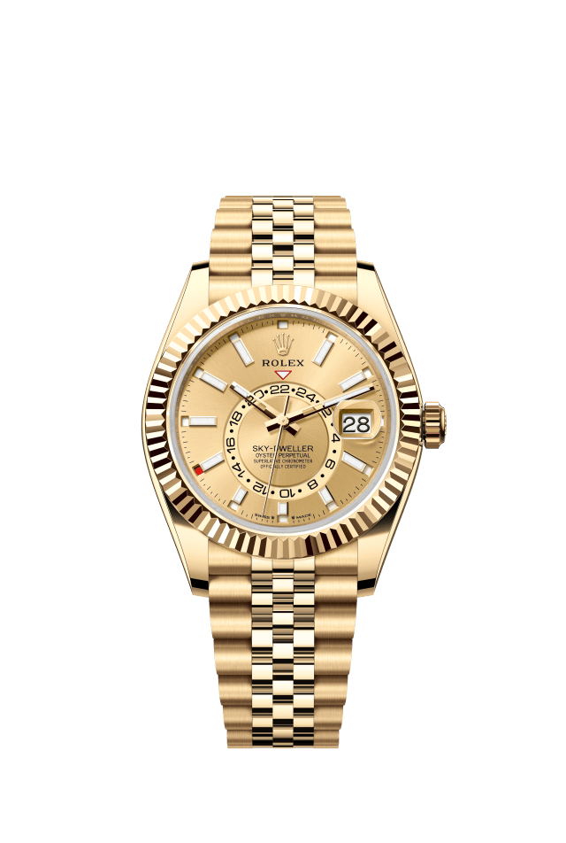 Rolex Sky-Dweller, Oyster, 42 mm, yellow gold, champagne-colour dial
