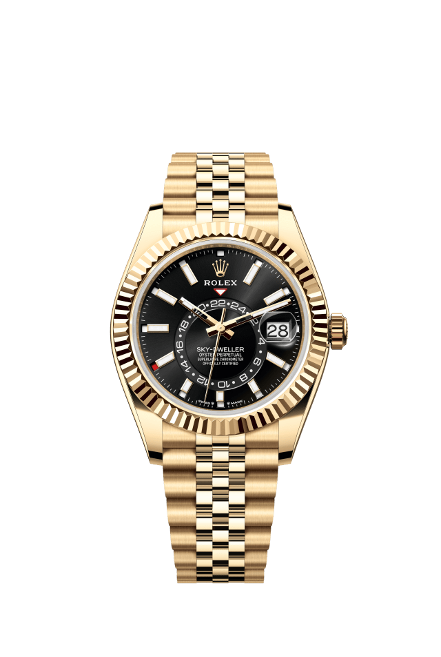Rolex Sky-Dweller, Oyster, 42 mm, yellow gold, bright black dial