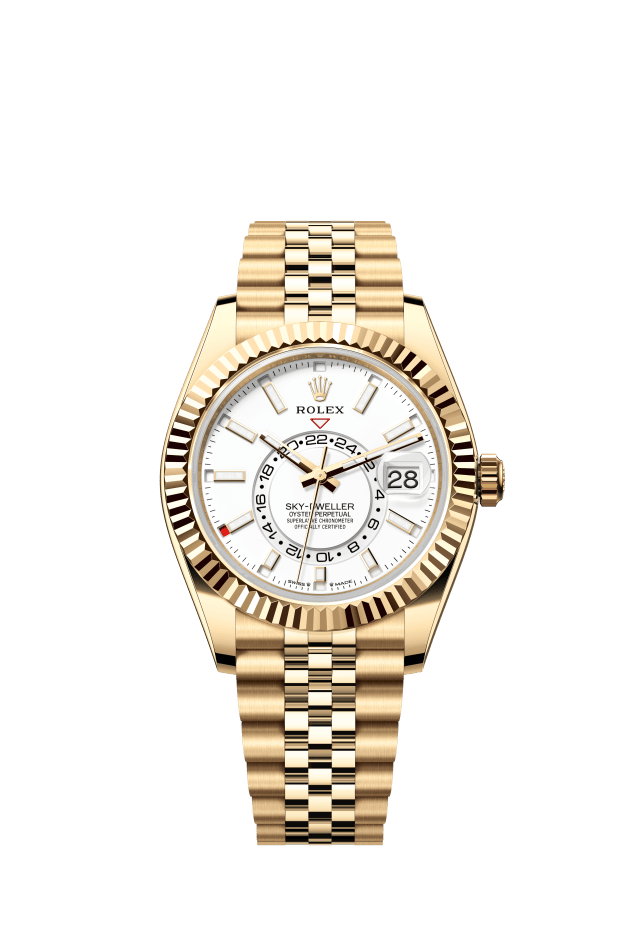 Rolex Sky-Dweller, Oyster, 42 mm, yellow gold, intense white dial