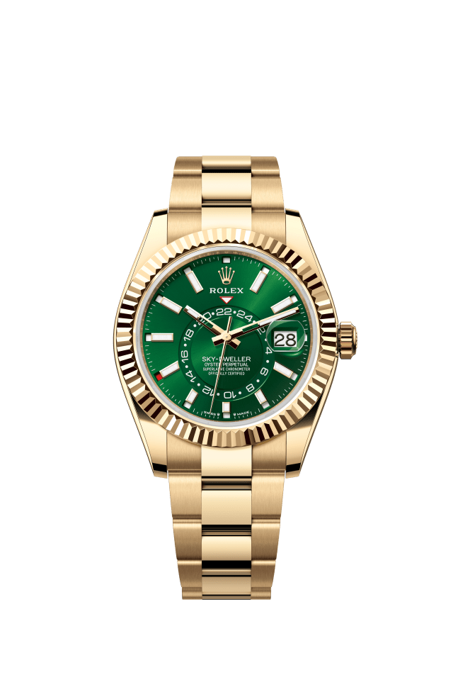 Rolex Sky-Dweller, Oyster, 42 mm, yellow gold, bright green dial