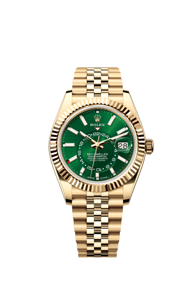 Rolex Sky-Dweller, Oyster, 42 mm, yellow gold, bright green dial