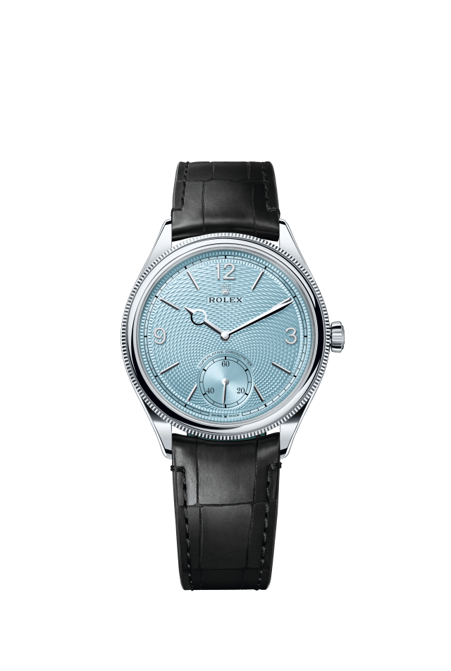 Rolex 1908, 39 mm, platinum, polished finish, ice blue dial, rice-grain motif