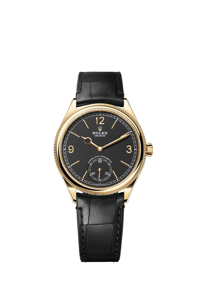 Rolex 1908, 39 mm, 18 kt yellow gold, polished finish, intense black dial