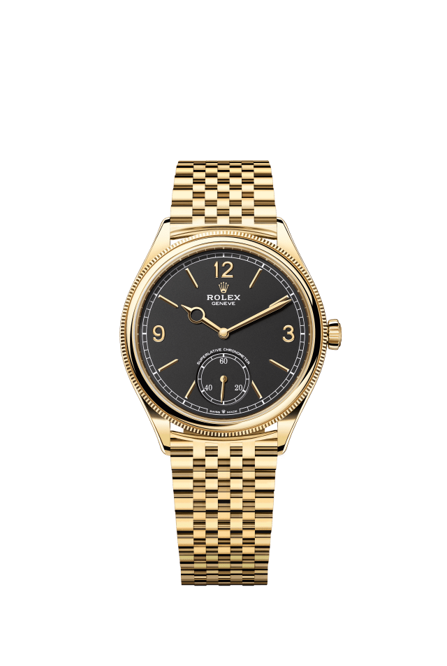 Rolex 1908, 39 mm, 18 kt yellow gold, polished finish, intense black dial