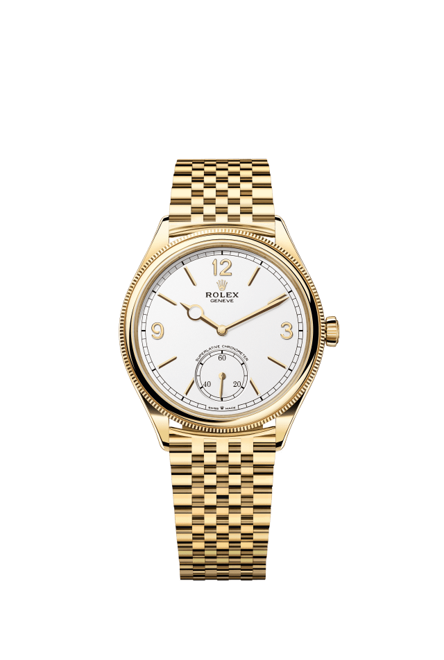 Rolex 1908, 39 mm, 18 kt yellow gold, polished finish, intense white dial