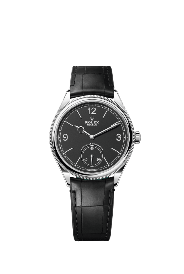Rolex 1908, 39 mm, 18 kt white gold, polished finish, intense black dial