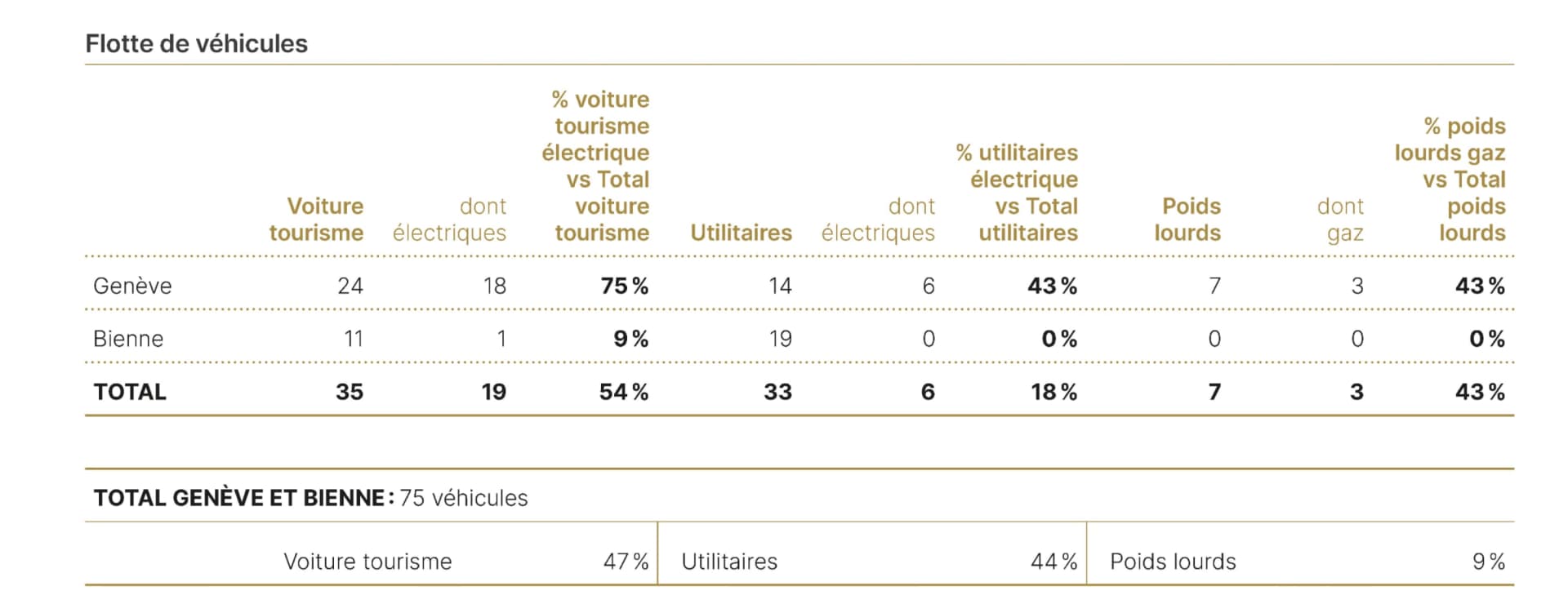 Ce tableau présente la composition de la flotte de véhicules de Rolex en 2023 sur les sites de Genève et Bienne, qui comprend 75 véhicules. La flotte de Genève comprend 24 véhicules de tourisme donc 18 (75 %) sont électrifiés. Le site a aussi 14 utilitaires légers, dont six sont électrifiés (43 %) et sept poids lourds, dont trois fonctionnent au gaz (43 %). À Bienne, la flotte comprend onze véhicules de tourisme, dont un (9%) est électrique, et 19 utilitaires légers, aucun n'étant électrique. Au total, 54 % des véhicules de tourisme de Rolex sont électriques, 18 % des utilitaires légers sont électriques et 43 % des poids lourds fonctionnent au gaz. La flotte comprend 47 % de véhicules de tourisme, 44 % d'utilitaires légers et 9 % de poids lourds.