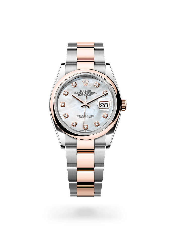 Datejust 36, Oyster, 36 mm, Oystersteel and Everose gold, Dial : White mother-of-pearl set with diamonds, Rolex