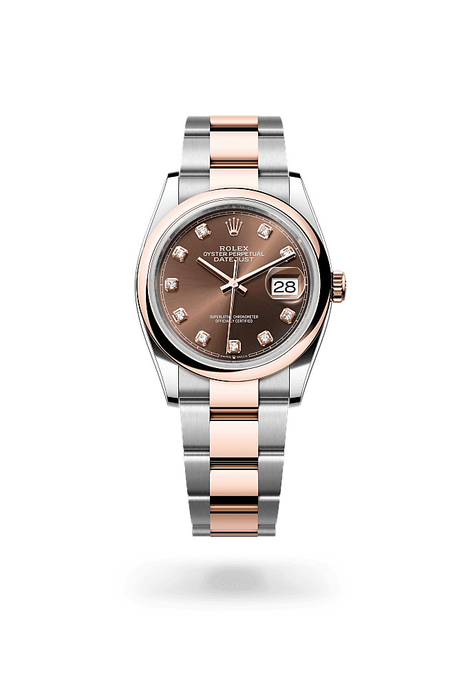 ديت جست ٣٦, أويستر، ٣٦ مم، من فولاذ أويستر ستيل وذهب إيفروز, المينا : بني داكن مرصَّع بالألماس, Rolex