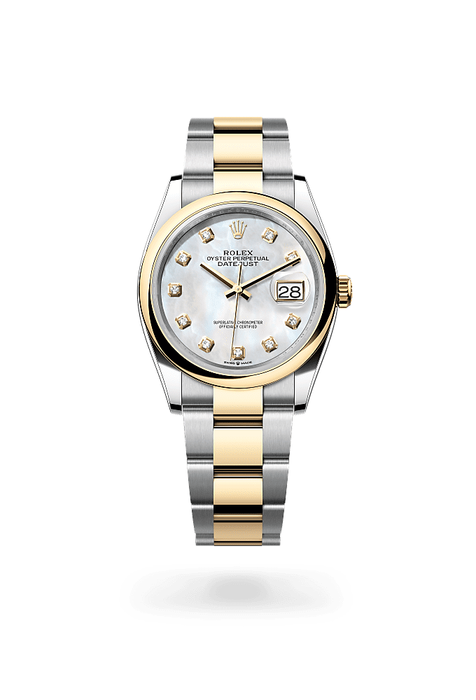 Datejust 36, اویستر، ۳۶ میلیمتری، اویستراستیل و طلای زرد, صفحه‌ : صدفی سفید الماسنشان, Rolex
