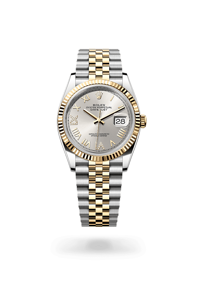 Datejust 36, 蠔式，36毫米，黃金及蠔式鋼, 錶面 : 銀色，鑲鑽石, Rolex