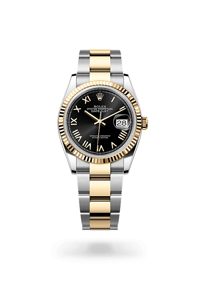 ديت جست ٣٦, أويستر، ٣٦ مم، من فولاذ أويستر ستيل والذهب الأصفر, المينا : أسود مشرق, Rolex