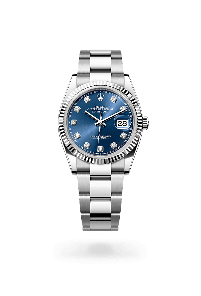 Datejust 36, Oyster, 36 mm, Oystersteel and white gold, Dial : Bright blue set with diamonds, Rolex