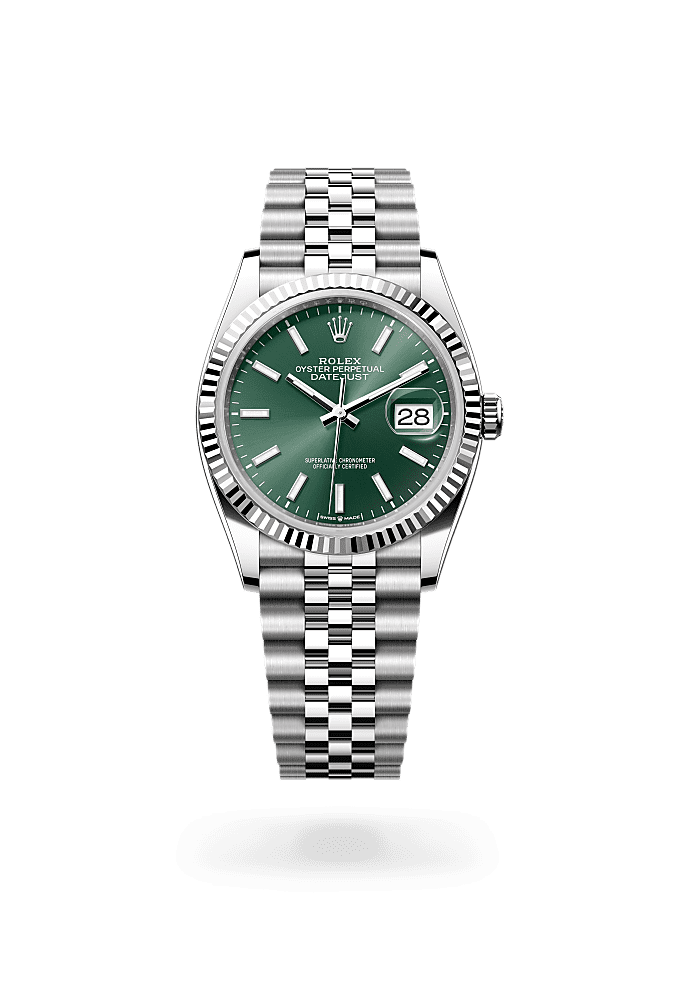 Datejust 36, اویستر، ۳۶ میلیمتری، اویستراستیل و طلای سفید, صفحه‌ : سبز نعنایی, Rolex