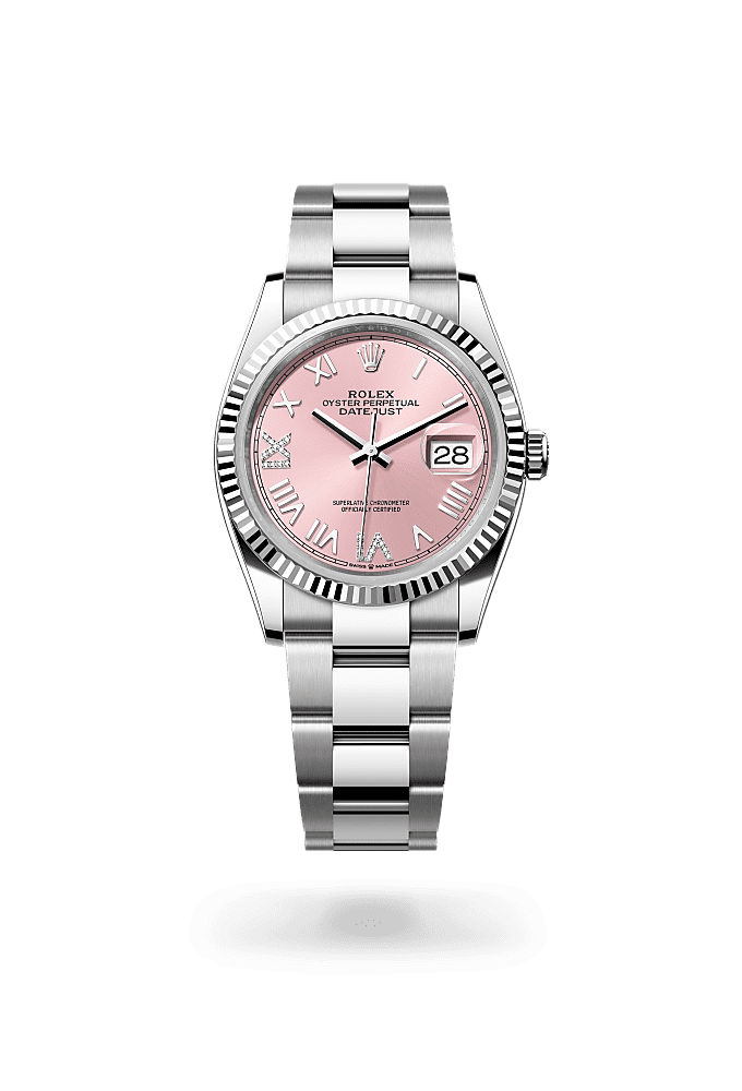 ديت جست ٣٦, أويستر، ٣٦ مم، من فولاذ أويستر ستيل والذهب الأبيض, المينا : وردي مرصع بالألماس, Rolex