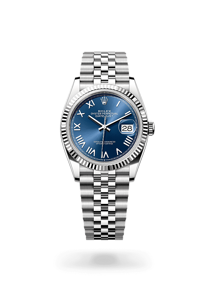 ديت جست ٣٦, أويستر، ٣٦ مم، من فولاذ أويستر ستيل والذهب الأبيض, المينا : أزرق لامع, Rolex