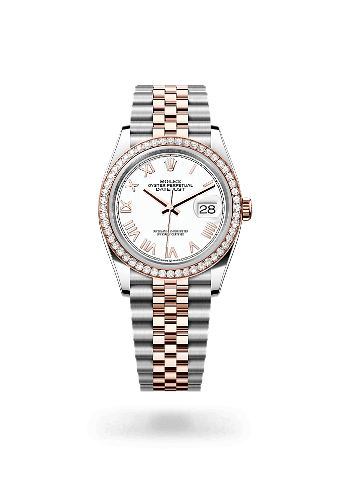Datejust 36, 蠔式，36毫米，鑽石、永恒玫瑰金及蠔式鋼, 錶面 : 白色, Rolex