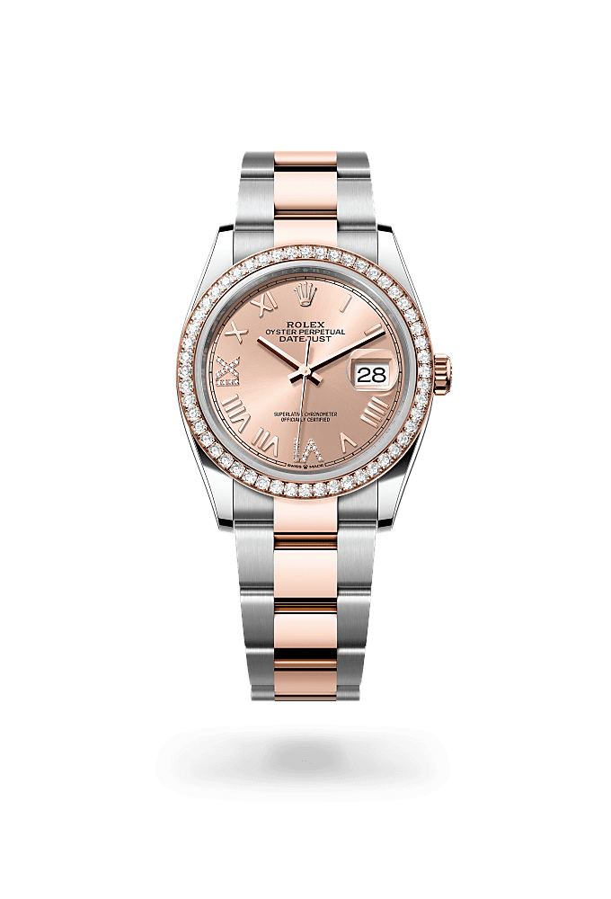 Datejust 36, 蠔式，36毫米，鑽石、永恒玫瑰金及蠔式鋼, 錶面 : 玫瑰金色，鑲鑽石, Rolex