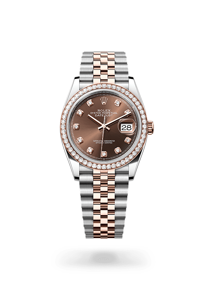 Datejust 36, 蠔式，36毫米，鑽石、永恒玫瑰金及蠔式鋼, 錶面 : 巧克力色，鑲鑽石, Rolex