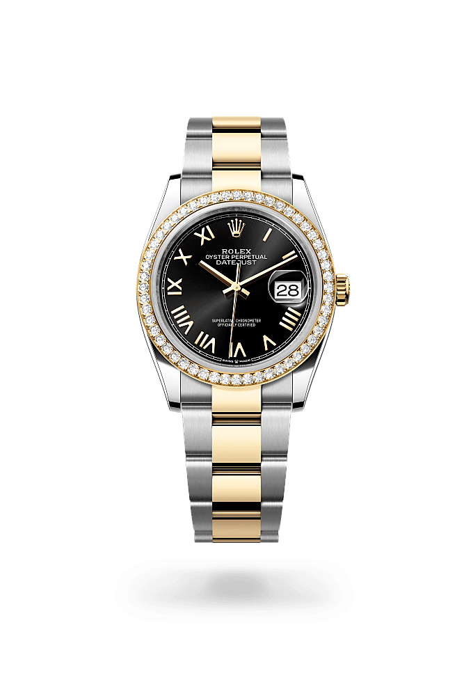 ديت جست ٣٦, أويستر، ٣٦ مم، من فولاذ أويستر ستيل والذهب الأصفر والألماس, المينا : أسود مشرق, Rolex