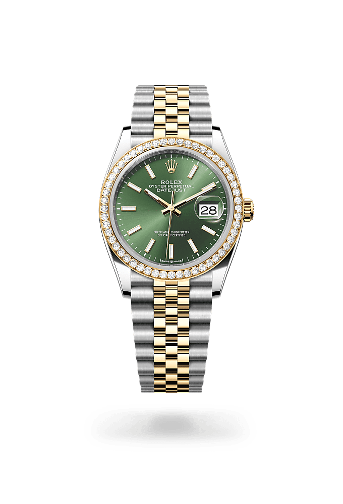 Datejust 36, 蠔式，36毫米，鑽石、黃金及蠔式鋼, 錶面 : 橄欖綠色, Rolex