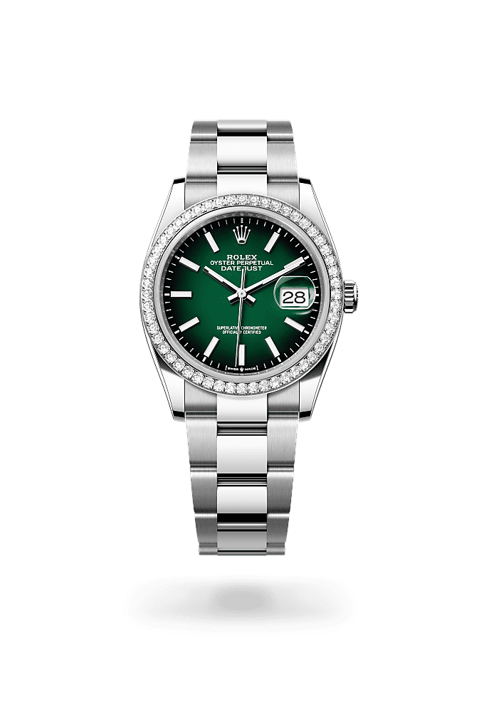 Datejust 36, 蠔式，36毫米，鑽石、白色黃金及蠔式鋼, 錶面 : 漸變綠色, Rolex