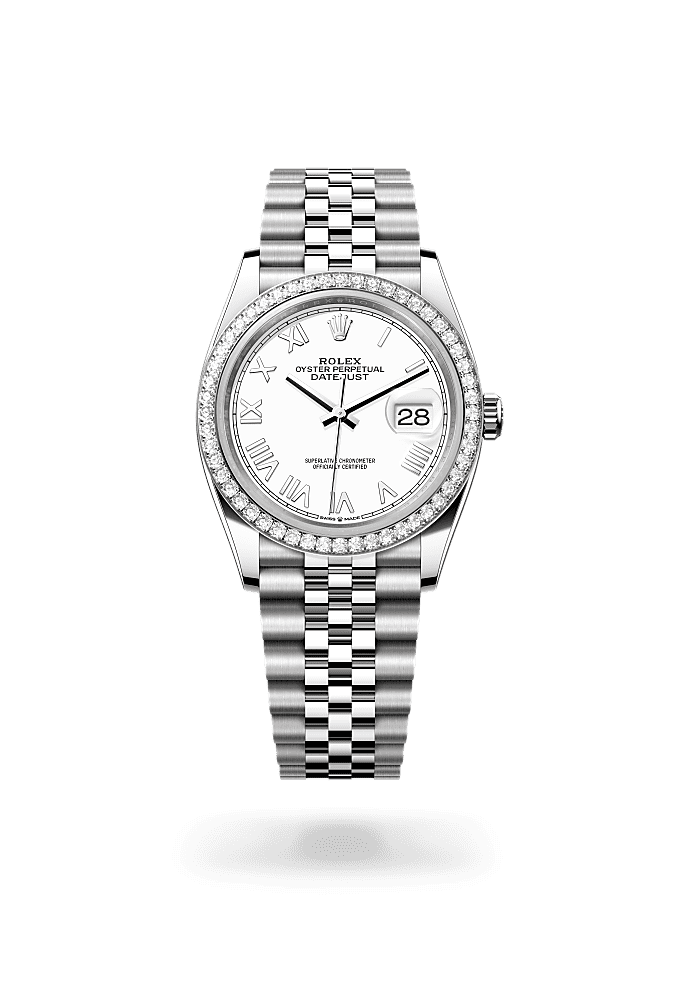 ديت جست ٣٦, أويستر، ٣٦ مم، من فولاذ أويستر ستيل والذهب الأبيض والألماس, المينا : أبيض, Rolex