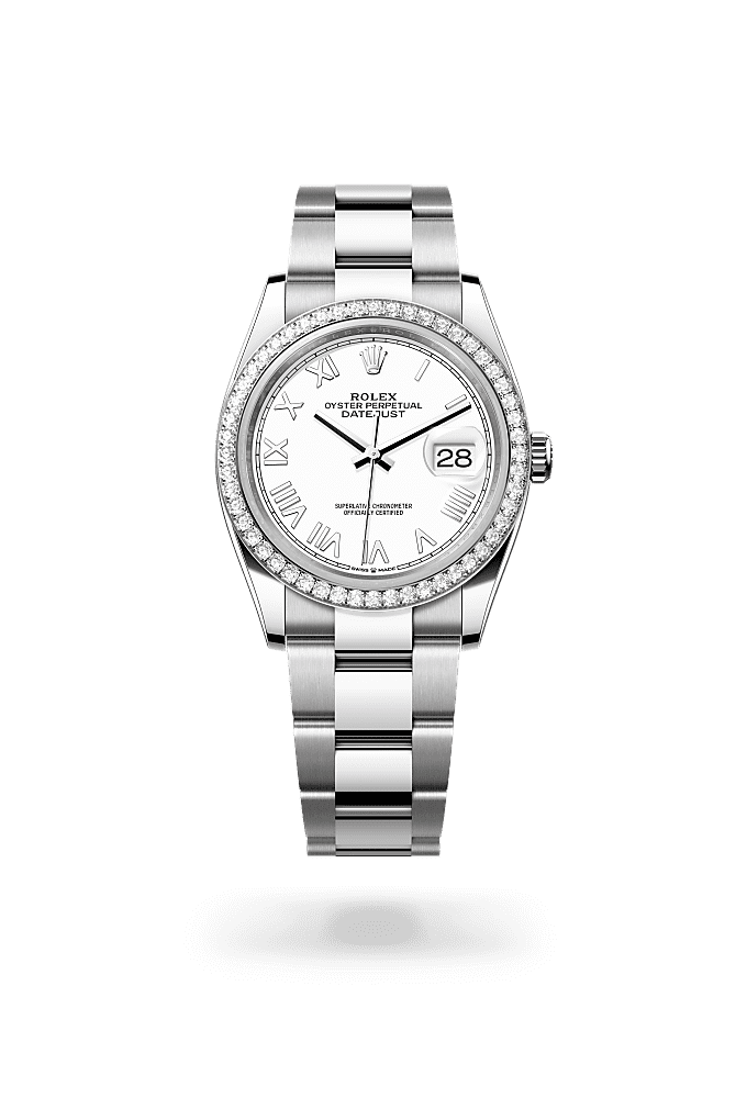 ديت جست ٣٦, أويستر، ٣٦ مم، من فولاذ أويستر ستيل والذهب الأبيض والألماس, المينا : أبيض, Rolex