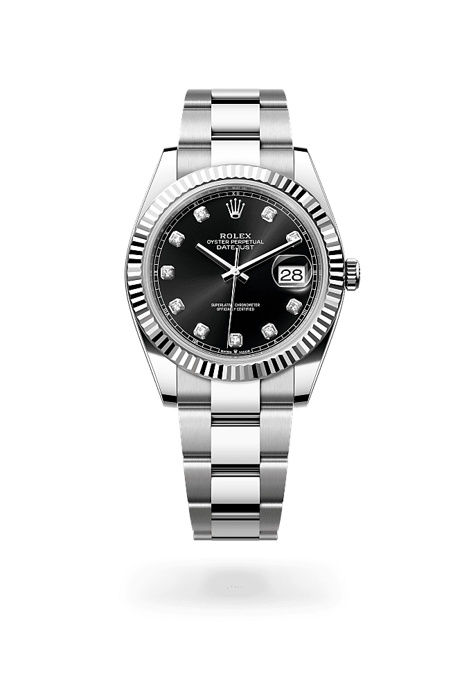 デイトジャスト 41, オイスター、41 mm、オイスタースチール＆ホワイトゴールド, ダイアル : ダイヤモンド入りブライトブラック, Rolex