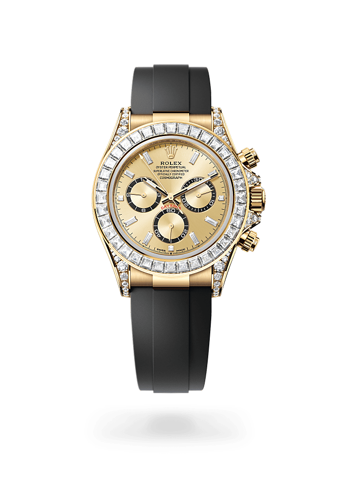 कॉस्मोग्राफ़ डेटोना, ऑयस्टर, 40 मिमी, येलो गोल्ड और डायमंड्स, डायल : गोल्डन, डायमंड जड़ित चमकदार काले काउंटर रिंग्स, Rolex