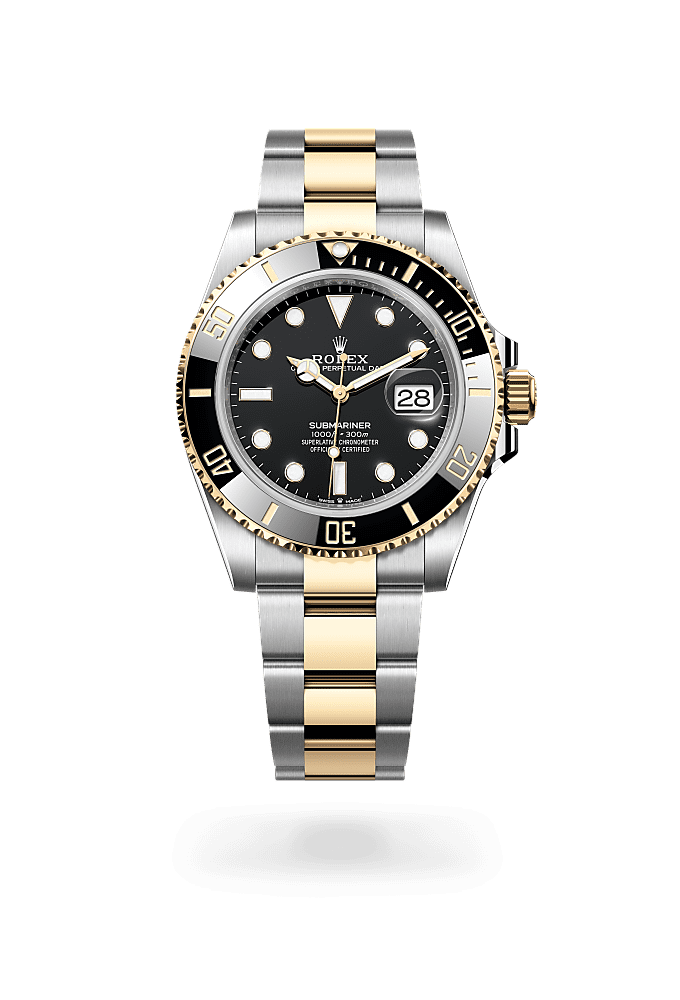 Submariner Date, Oyster, 41 mm, thép Oystersteel và vàng kim, Mặt đồng hồ : màu đen, Rolex
