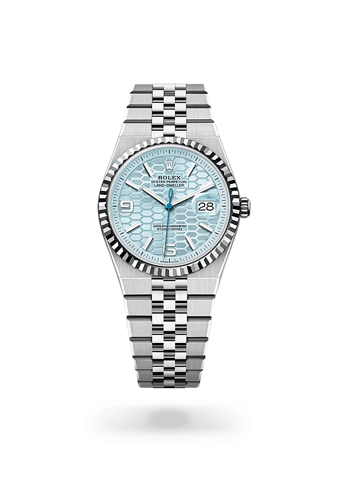 Land-Dweller 36, Oyster, 36 mm, platinum, Dial : Ice blue, honeycomb motif, Rolex