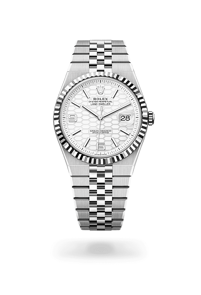 Land-Dweller 40, Oyster, 40 mm, thép Oystersteel và vàng trắng, Mặt đồng hồ : Họa tiết tổ ong màu trắng tinh khôi, Rolex