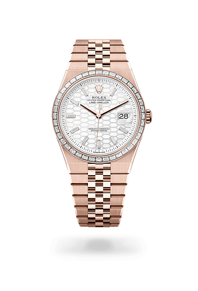 Land-Dweller 40, Oyster, 40 mm, Everose gold and diamonds, Dial : Intense white, honeycomb motif set with diamonds, Rolex