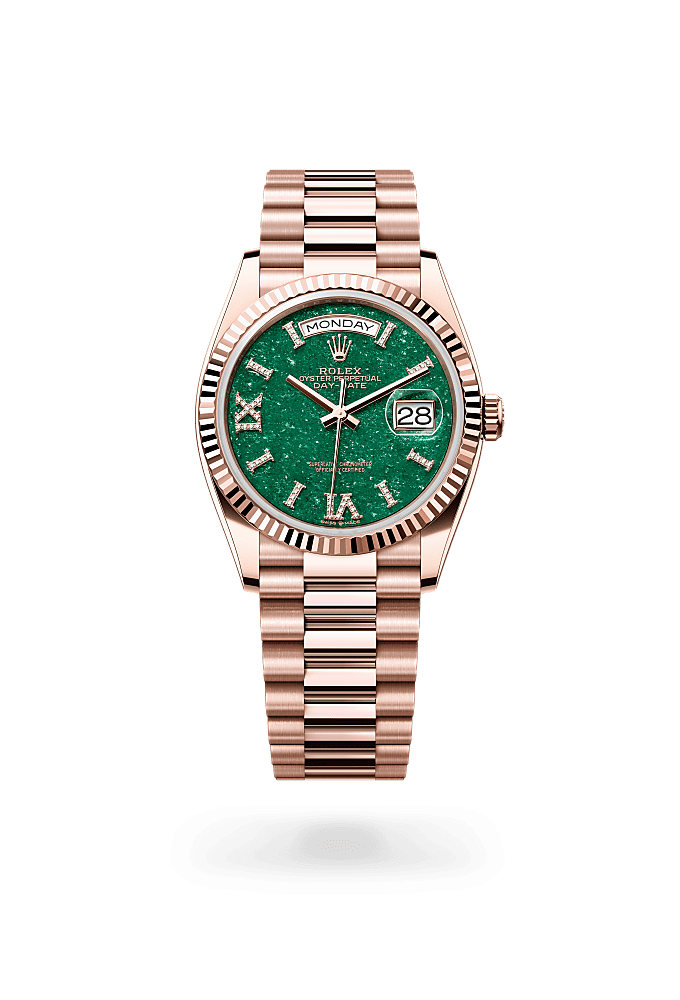 डे-डेट 36, ऑयस्टर, 36 मिमी, एवरोज़ गोल्ड, डायल : डायमंड से जड़ा हरा एवेंट्यूरिन, Rolex