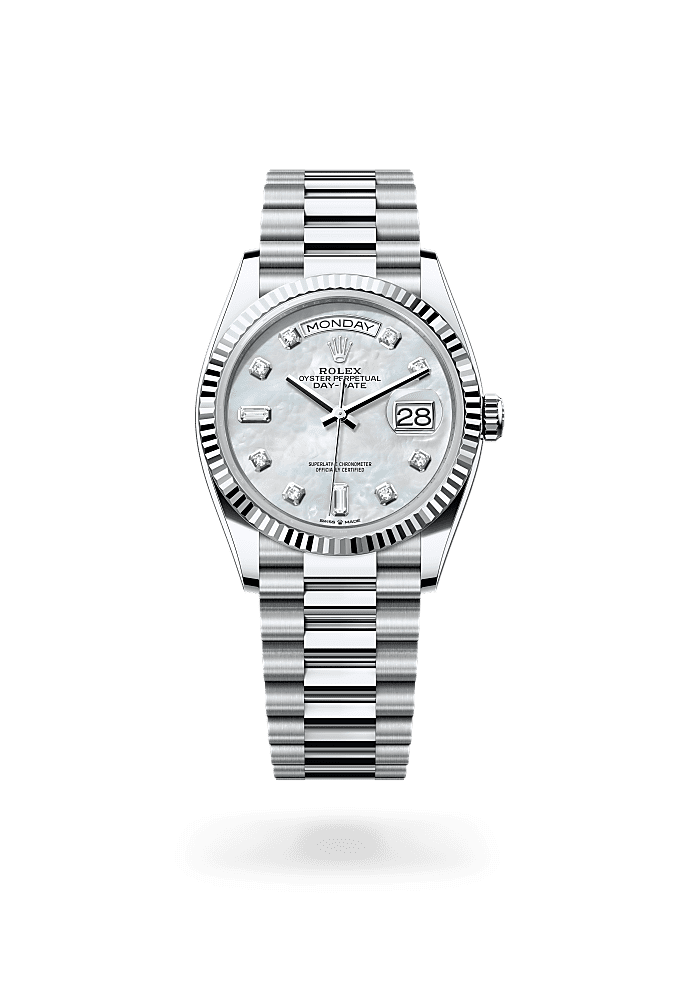 Day-Date 36, Oyster, 36 mm, platinum, Permukaan : Mutiara tempurung putih bertatahkan berlian, Rolex