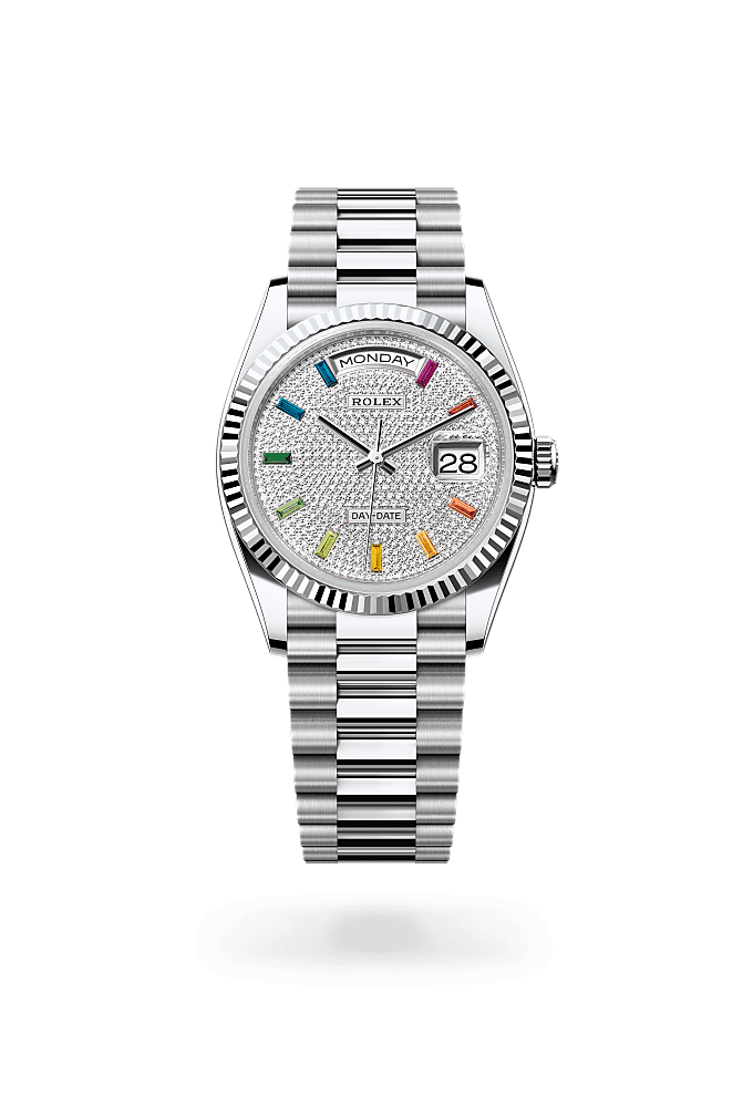 डे-डेट 36, ऑयस्टर, 36 मिमी, प्लैटिनम, डायल : डायमंड-जटित, Rolex