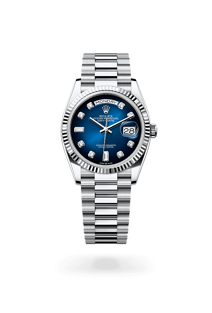 Day-Date 36, Oyster, 36 mm, platinum, Permukaan : Ombre biru dipasangkan dengan berlian, Rolex