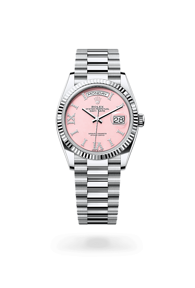 डे-डेट 36, ऑयस ्टर, 36 मिमी, प्लैटिनम, डायल : डायमंड से जड़ित पिंक ओपल, Rolex