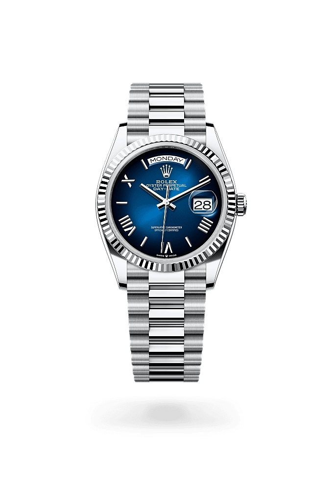 Day-Date 36, Oyster, 36 mm, platinum, Permukaan : Ombre biru, Rolex