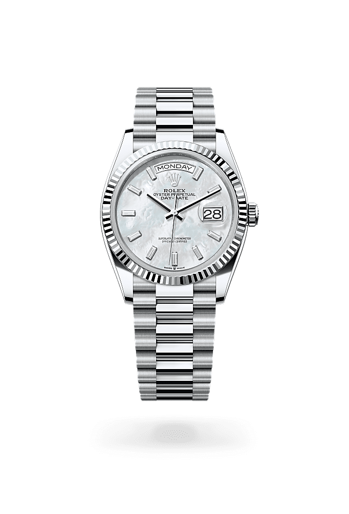 Day-Date 36, Oyster, 36 mm, platinum, Permukaan : Indung mutiara putih bertatahkan berlian, Rolex