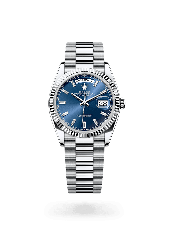 Day-Date 36, Oyster, 36 mm, platinum, Permukaan : Biru cerah bertatahkan berlian, Rolex