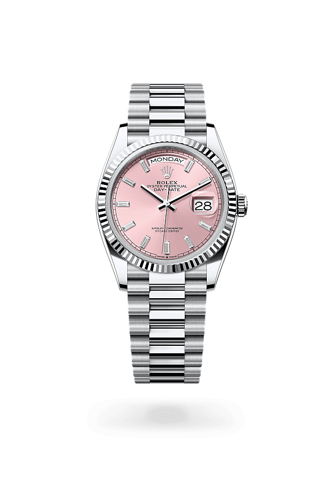 Day-Date 36, Oyster, 36 mm, platinum, Permukaan : Merah jambu bertatahkan berlian, Rolex