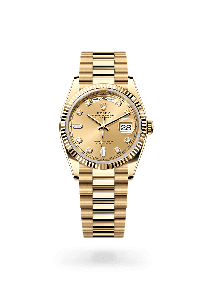 星期日历型 36, 蚝式，36毫米，黄金, 表盘 : 香槟色，镶钻石, Rolex